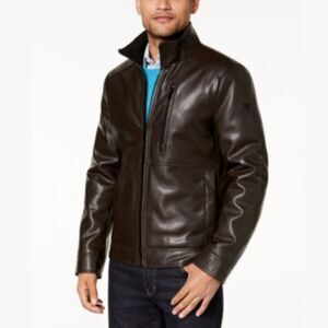Calvin Klein CM891953 Jacket Men's Brown Faux-Leather Full Zip Pockets MCWW113